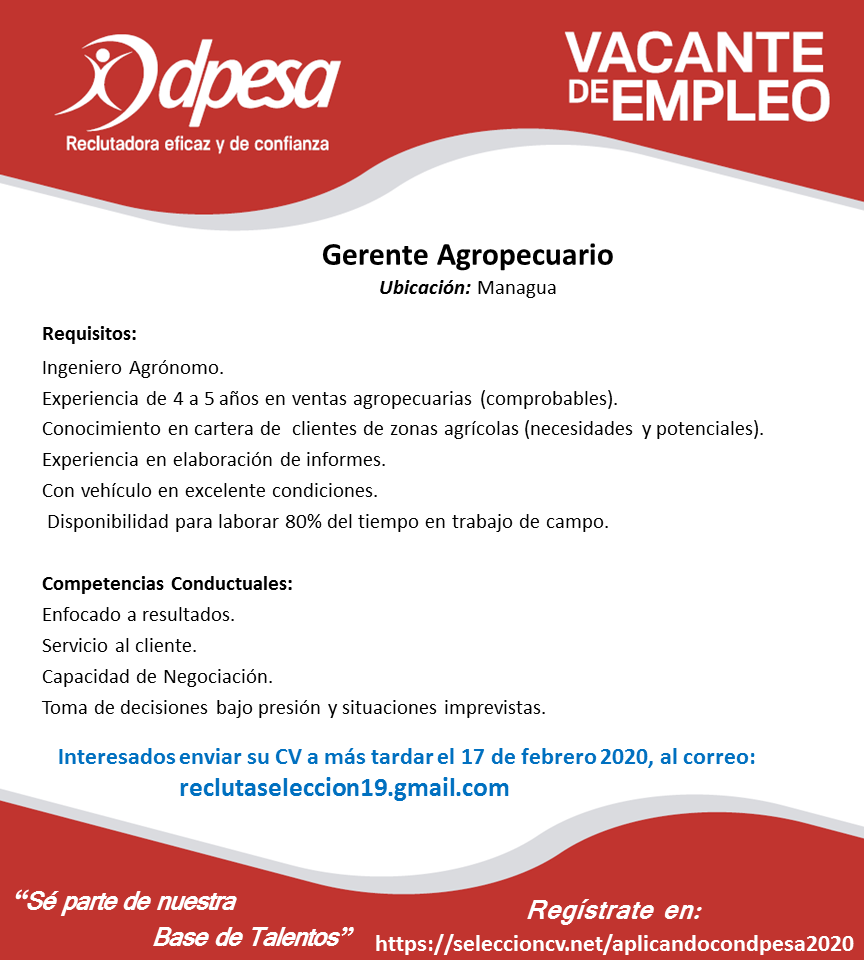 Plantilla publicación de vacantes – Gerente Agropecuario | DPESA