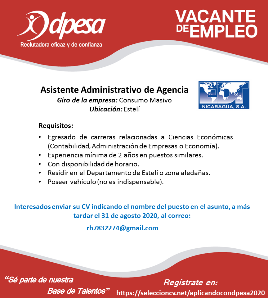 Asistente Administrativo de Agencia - Estelí - DPESA