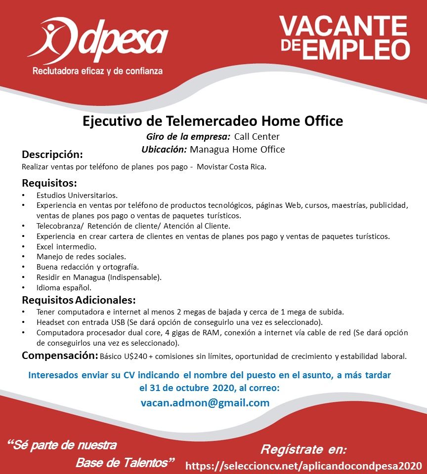 Ejecutivo de Telemercadeo Home Office - DPESA