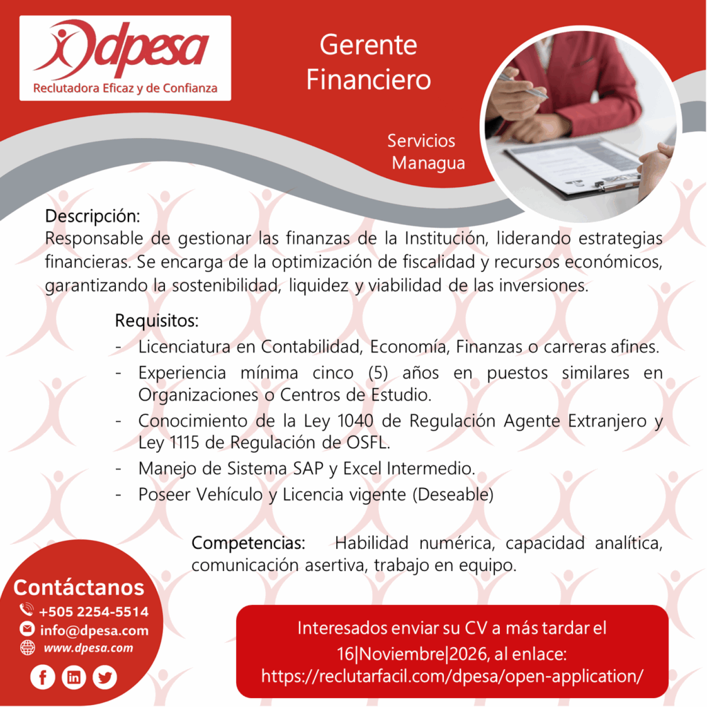 Interesados aplicar a más tardar 16|Noviembre|2026 por medio del enlace: https://reclutarfacil.com/dpesa/open-application/
